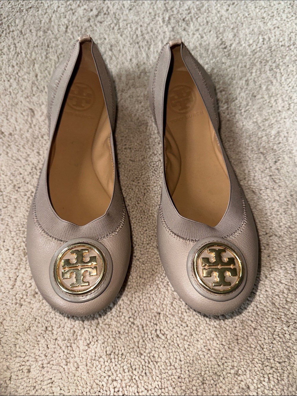 Brand New (no tags) Tory Burch Taupe Leather Logo Medallion Flats